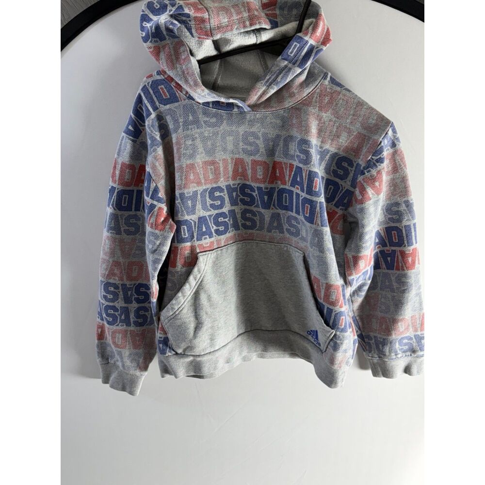 Adidas Youth L 14/16 All Over Logo Hoodie Gray Red Blue Graphic Pullover
